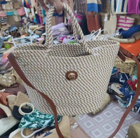 Handwoven koton kòd fanm sak ak manch long PU