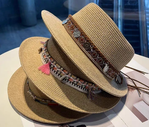 Boho Brown fanm Paille Beach chapo