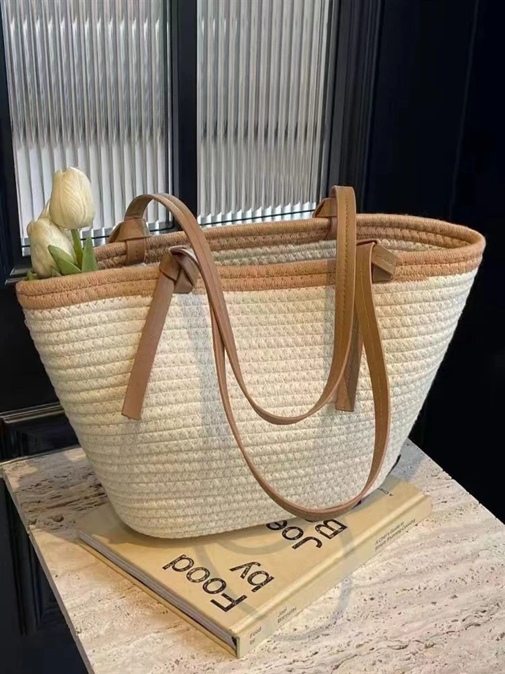 Koton kòd blan & mawon Handmade Paille sak