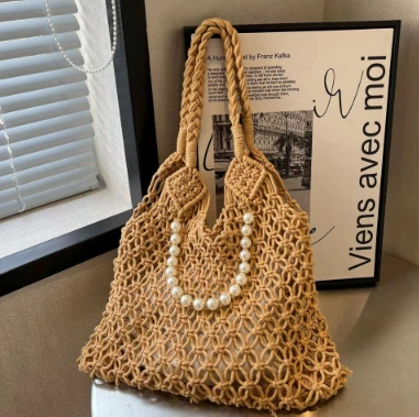 Handmade koton kòd Brown Hollow Fanm sak