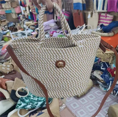 Handwoven koton kòd fanm sak ak manch long PU